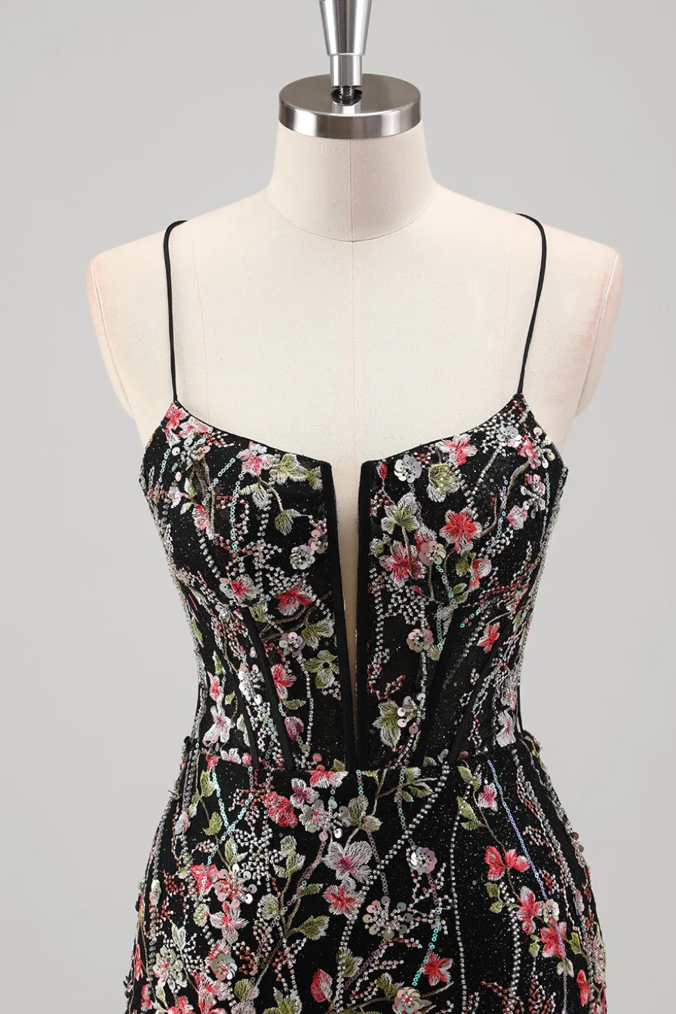 Azul claro floral frisado sereia espaguete alças tule vestido de baile