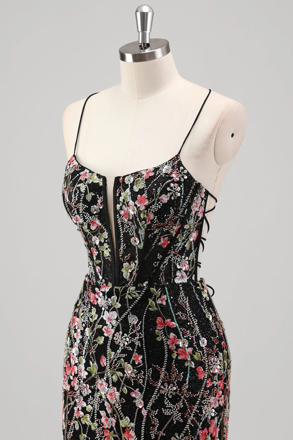 Azul claro floral frisado sereia espaguete alças tule vestido de baile