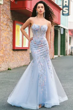 Azul claro floral frisado sereia espaguete alças tule vestido de baile