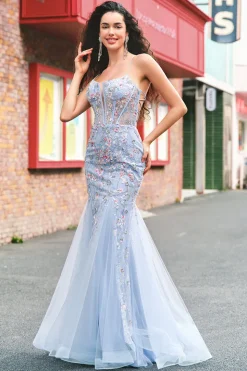 Azul claro floral frisado sereia espaguete alças tule vestido de baile