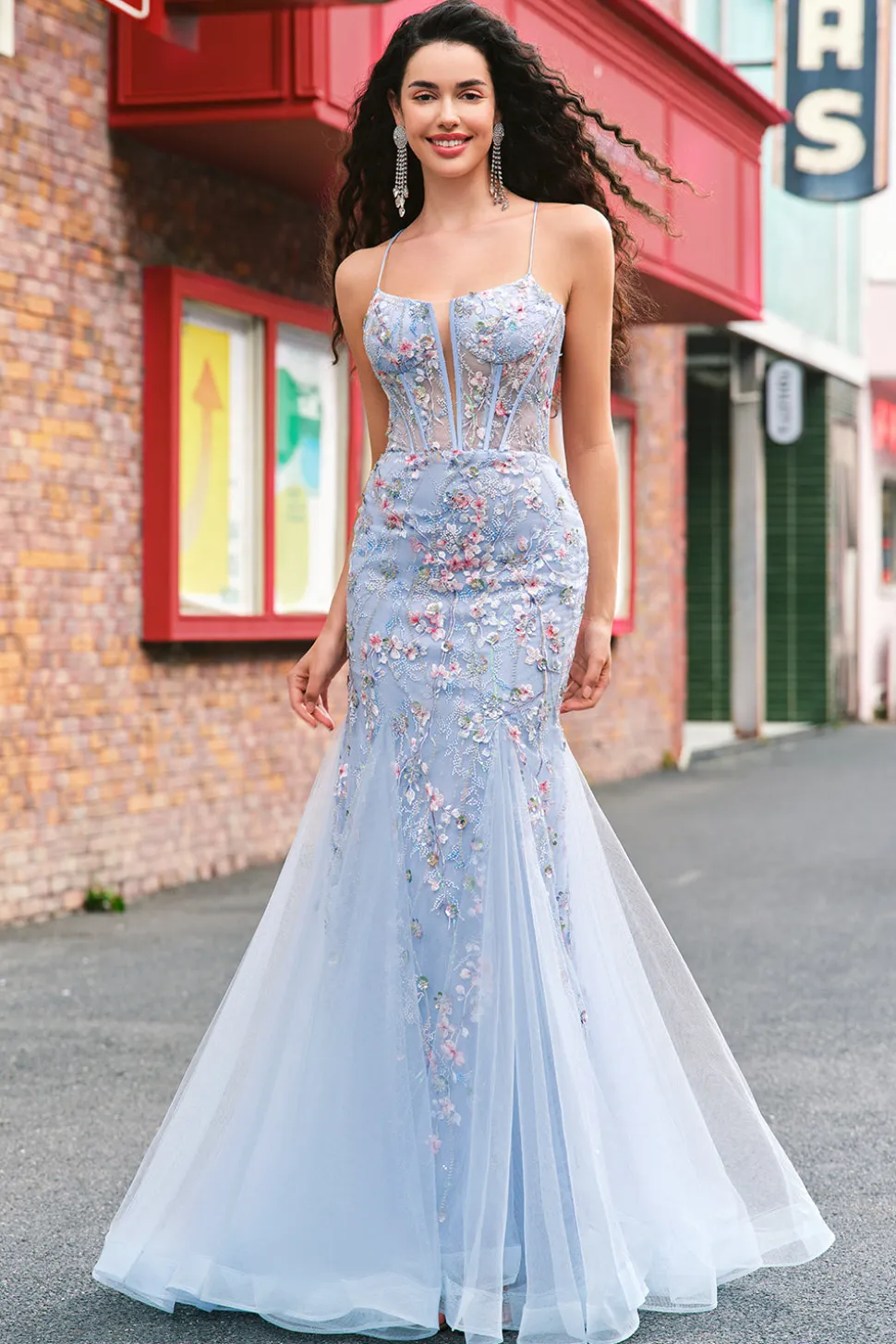 Azul claro floral frisado sereia espaguete alças tule vestido de baile