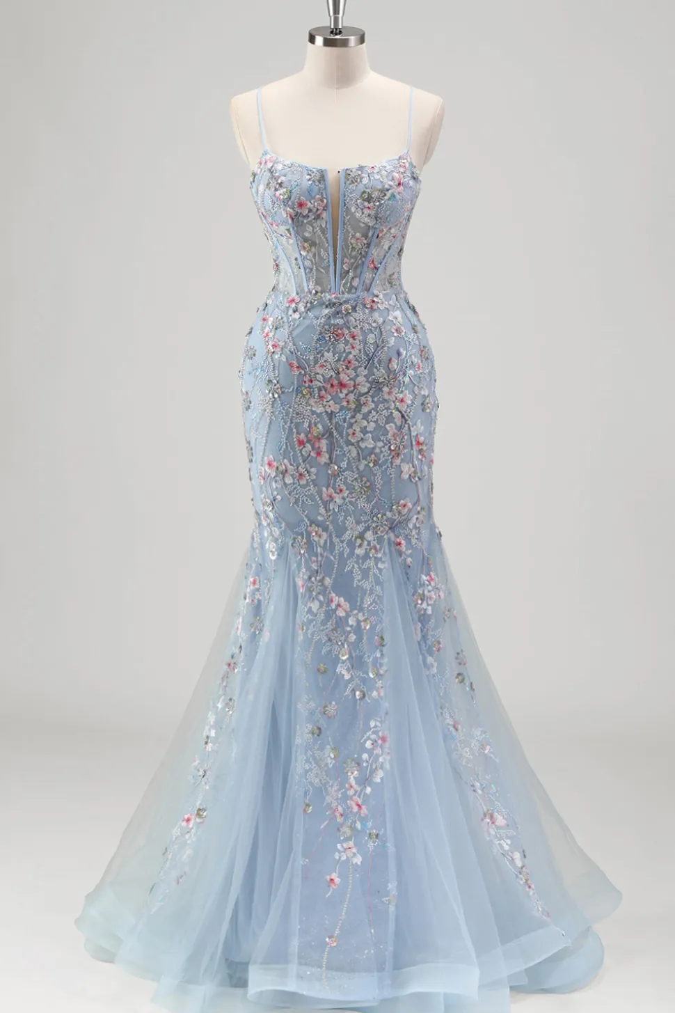 Azul claro floral frisado sereia espaguete alças tule vestido de baile