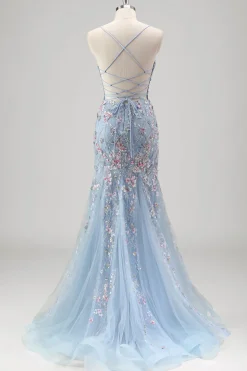 Azul claro floral frisado sereia espaguete alças tule vestido de baile