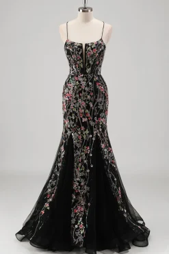 Azul claro floral frisado sereia espaguete alças tule vestido de baile