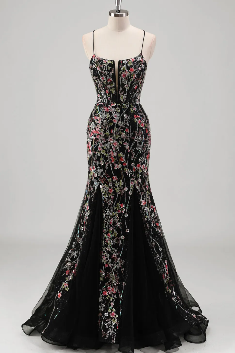 Azul claro floral frisado sereia espaguete alças tule vestido de baile