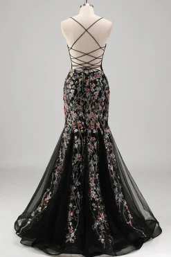 Azul claro floral frisado sereia espaguete alças tule vestido de baile