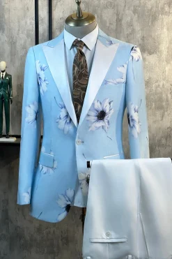 Azul Claro Floral Pico Lapela 2 Peças Ternos Masculinos