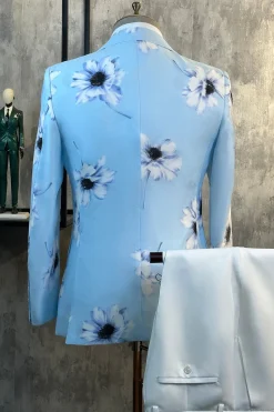 Azul Claro Floral Pico Lapela 2 Peças Ternos Masculinos