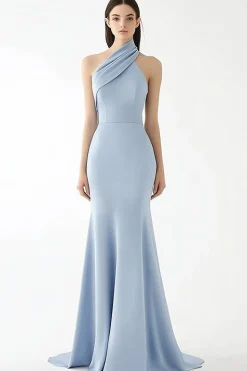 Azul claro Halter Crepe Bainha Ruched Gala Dress
