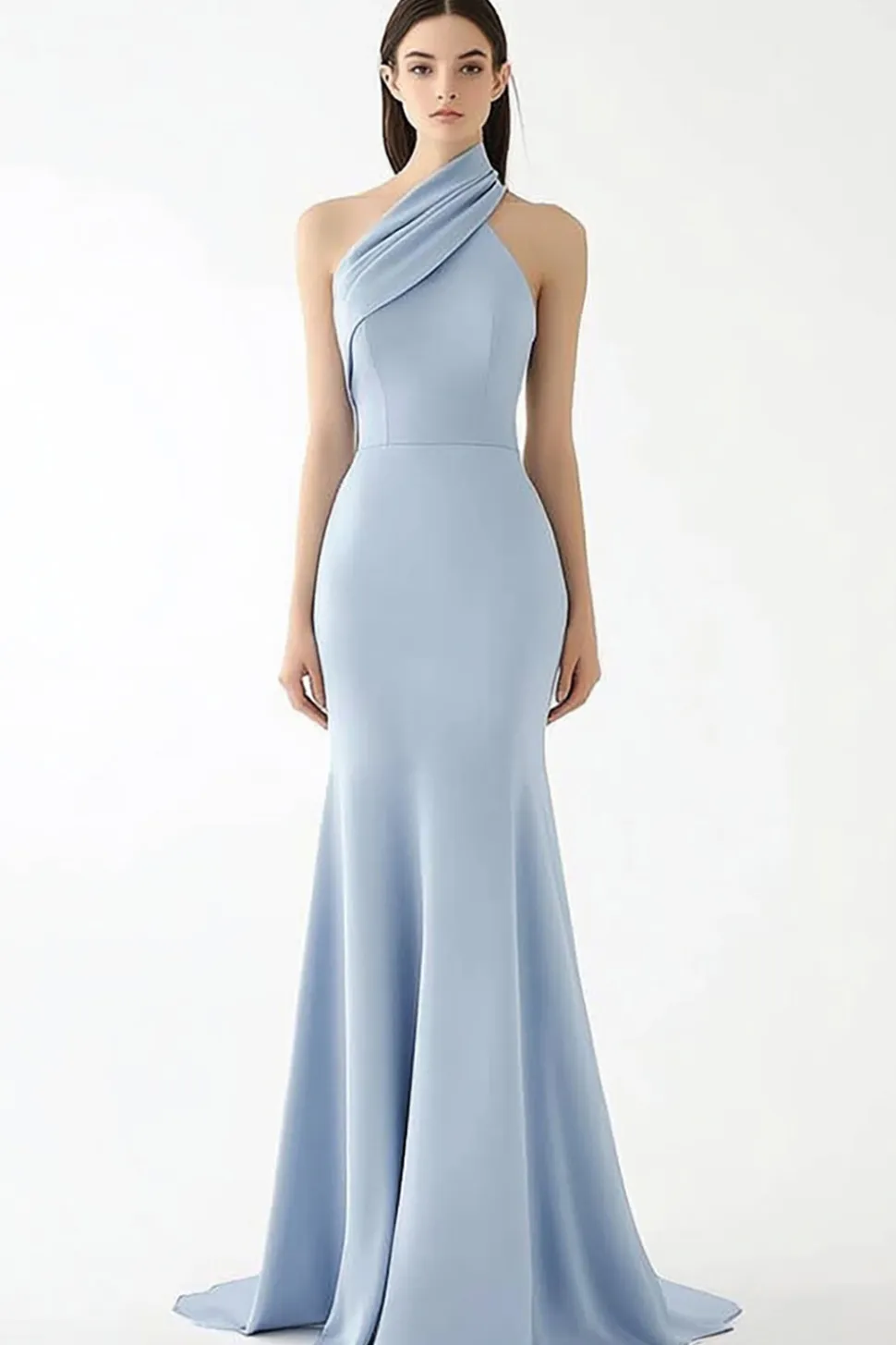 Azul claro Halter Crepe Bainha Ruched Gala Dress
