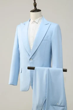 Azul Claro Lapela de Pico 2 Peças Fato Formal