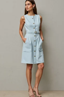Azul Claro Lápis Sem Mangas Belt Mini Vestido Trabalho