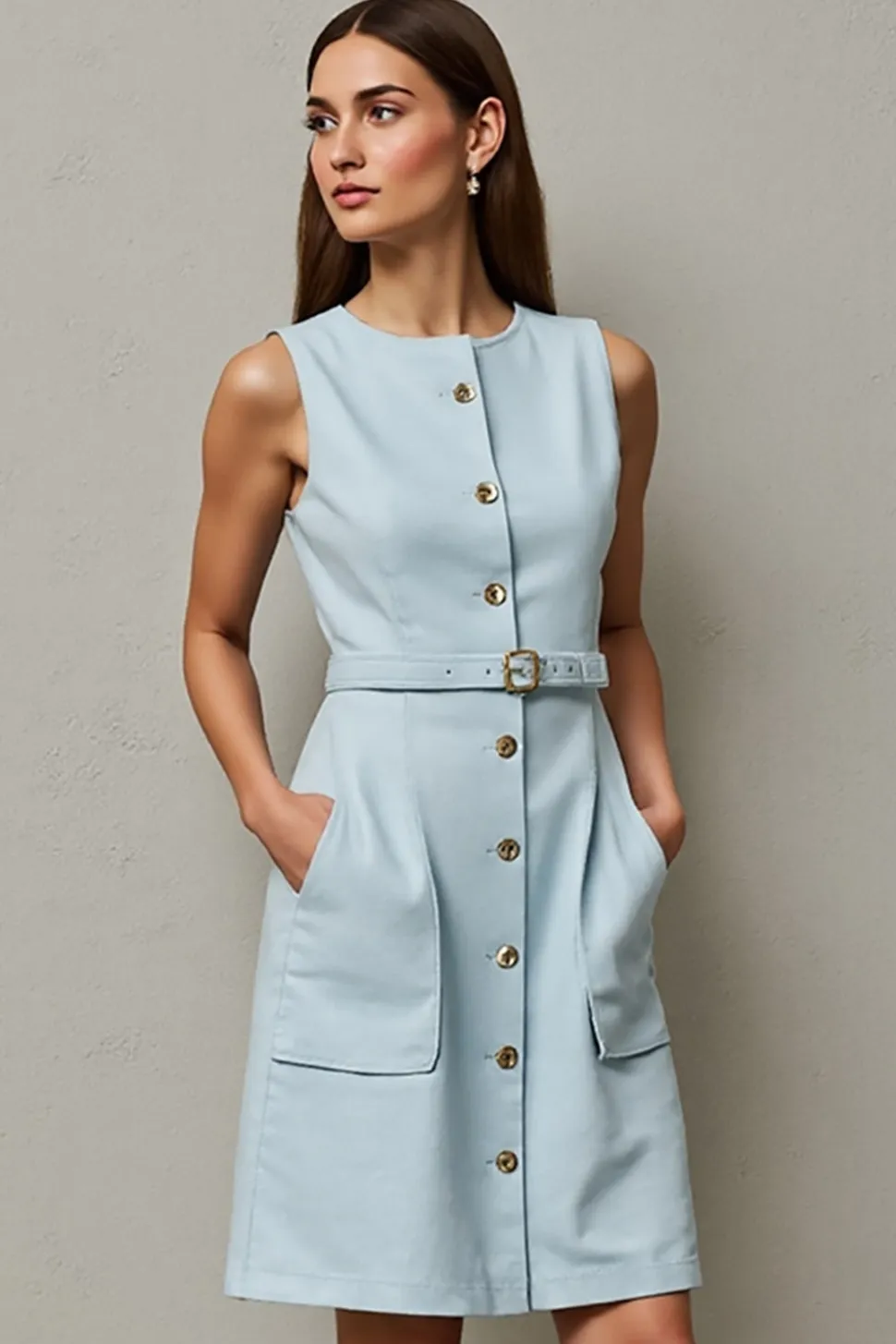 Azul Claro Lápis Sem Mangas Belt Mini Vestido Trabalho
