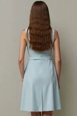 Azul Claro Lápis Sem Mangas Belt Mini Vestido Trabalho