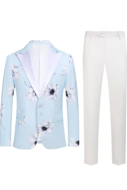 Azul Claro Pico Lapela 2 Peças Florais Homens Prom Ternos