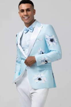 Azul Claro Pico Lapela Um Botão 2 Peças Florais Homens Prom Ternos