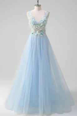Azul claro profundo V-neck tule A-Line Long Prom Dress com flores 3D