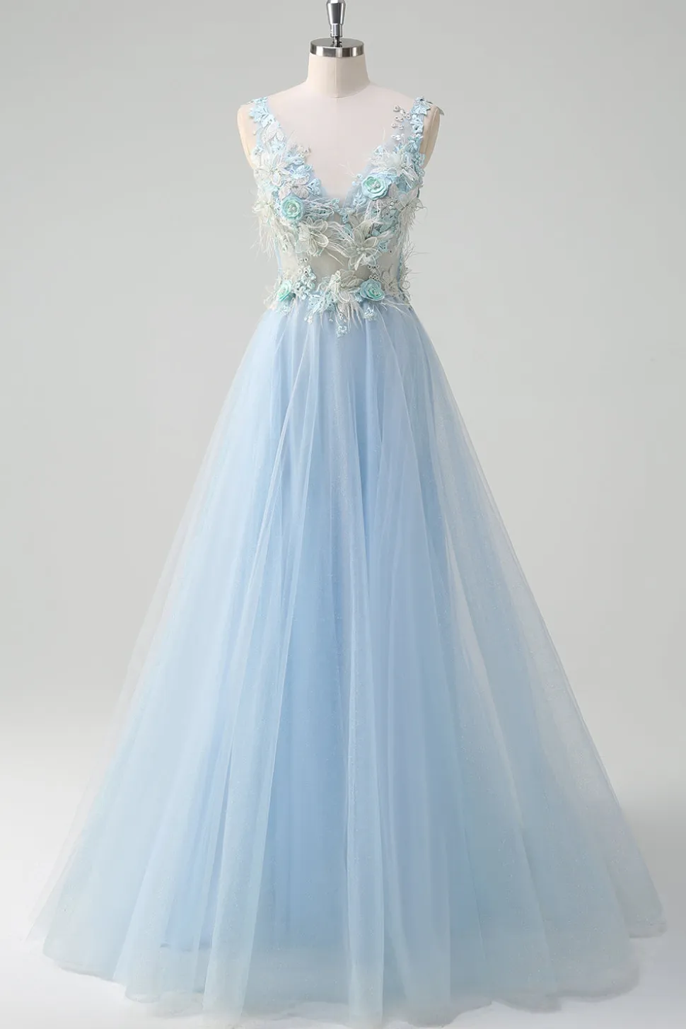 Azul claro profundo V-neck tule A-Line Long Prom Dress com flores 3D