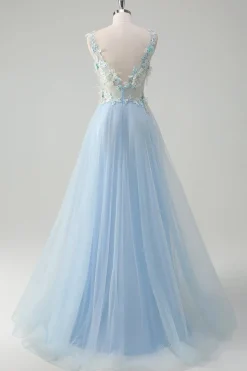 Azul claro profundo V-neck tule A-Line Long Prom Dress com flores 3D