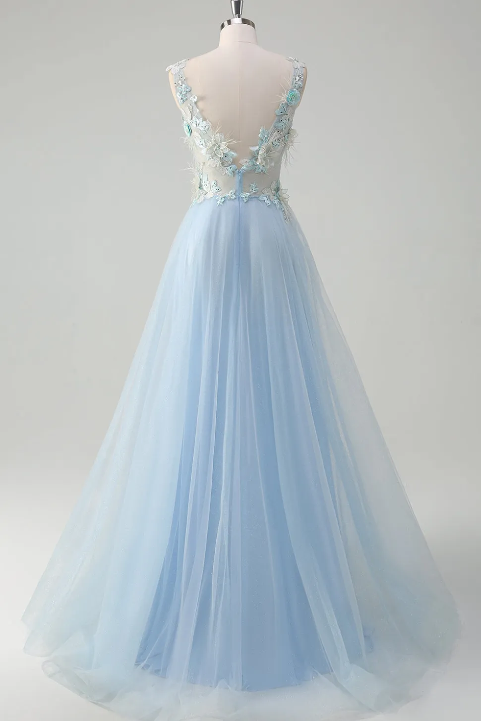 Azul claro profundo V-neck tule A-Line Long Prom Dress com flores 3D
