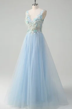 Azul claro profundo V-neck tule A-Line Long Prom Dress com flores 3D