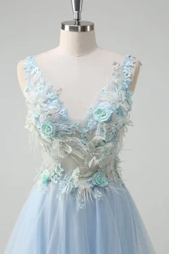 Azul claro profundo V-neck tule A-Line Long Prom Dress com flores 3D