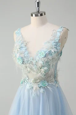 Azul claro profundo V-neck tule A-Line Long Prom Dress com flores 3D