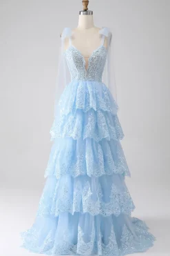 Azul claro querido laço gravata correias tiered tule lantejoulas vestido de baile com apliques