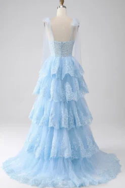 Azul claro querido laço gravata correias tiered tule lantejoulas vestido de baile com apliques