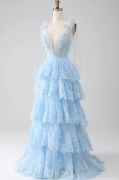 Azul claro querido laço gravata correias tiered tule lantejoulas vestido de baile com apliques