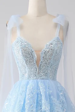 Azul claro querido laço gravata correias tiered tule lantejoulas vestido de baile com apliques