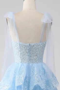 Azul claro querido laço gravata correias tiered tule lantejoulas vestido de baile com apliques
