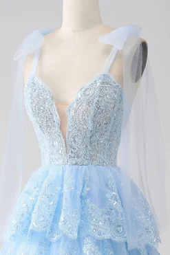 Azul claro querido laço gravata correias tiered tule lantejoulas vestido de baile com apliques