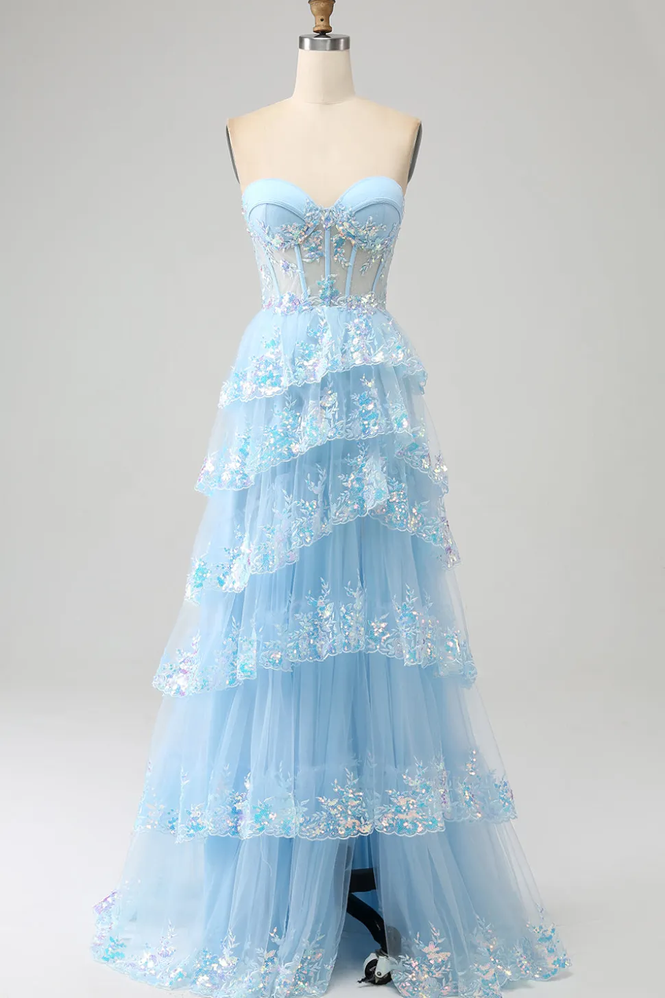 Azul Claro Strapless Tiered Tulle Corset Prom Dress com Appliques