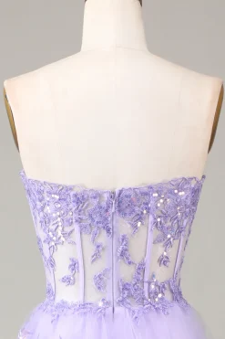 Azul Claro Strapless Tiered Tulle Corset Prom Dress com Appliques