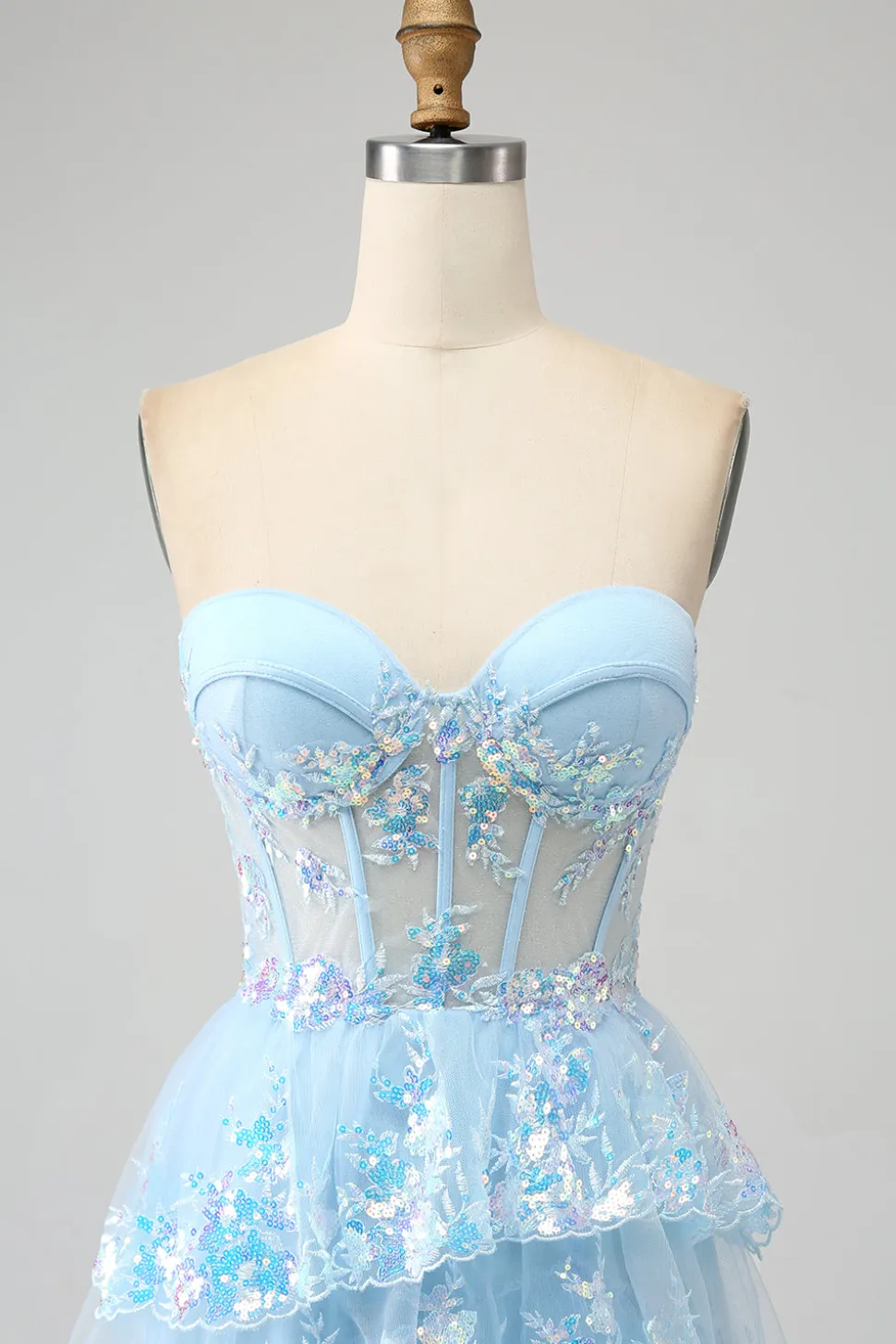 Azul Claro Strapless Tiered Tulle Corset Prom Dress com Appliques