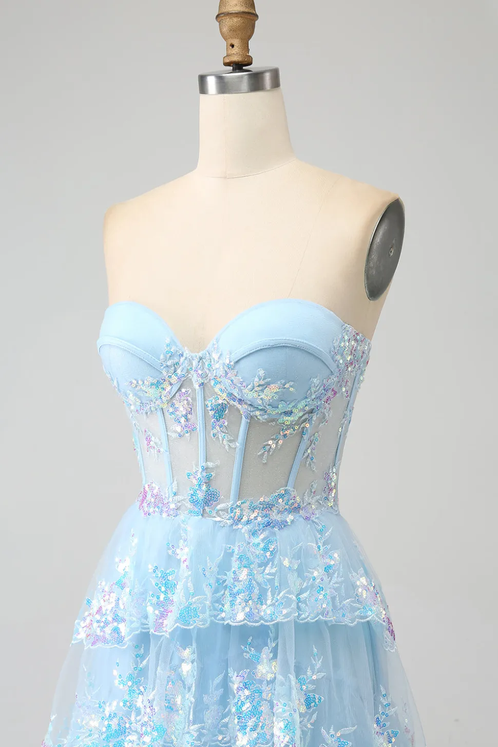 Azul Claro Strapless Tiered Tulle Corset Prom Dress com Appliques