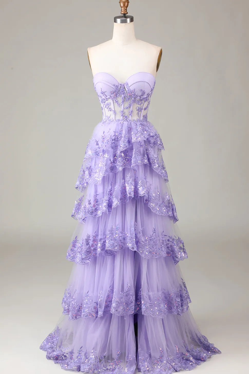 Azul Claro Strapless Tiered Tulle Corset Prom Dress com Appliques