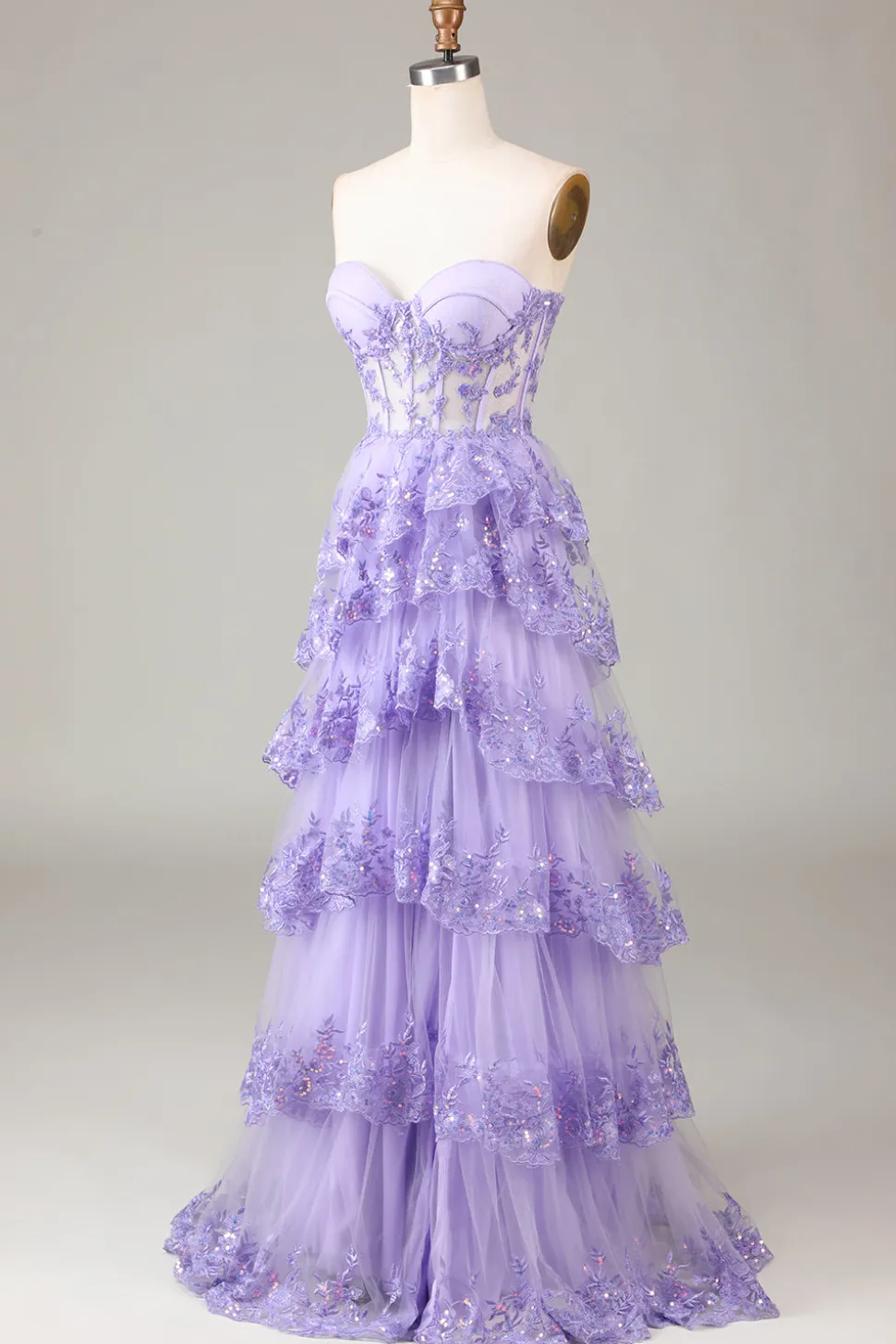 Azul Claro Strapless Tiered Tulle Corset Prom Dress com Appliques