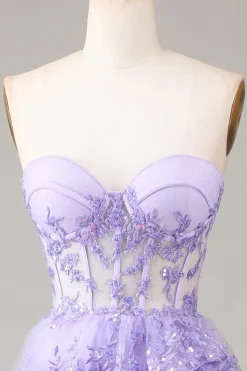 Azul Claro Strapless Tiered Tulle Corset Prom Dress com Appliques