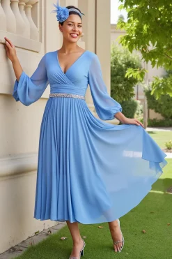 Azul Claro Uma Linha Chiffon Manga Longa Casamento Drses Convidados