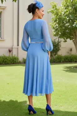 Azul Claro Uma Linha Chiffon Manga Longa Casamento Drses Convidados