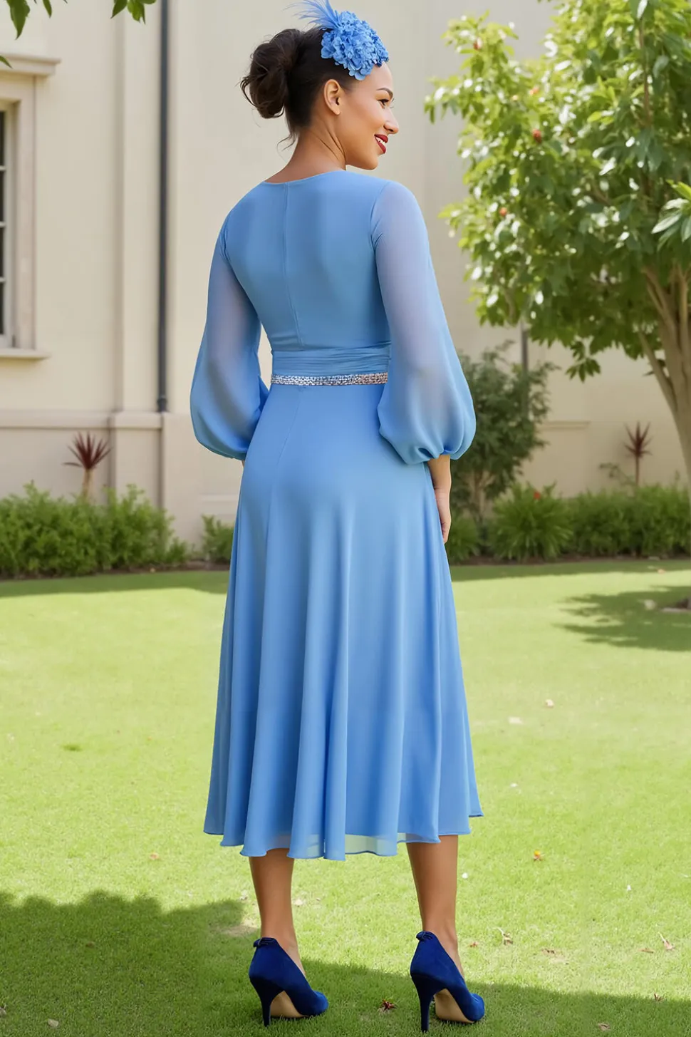 Azul Claro Uma Linha Chiffon Manga Longa Casamento Drses Convidados