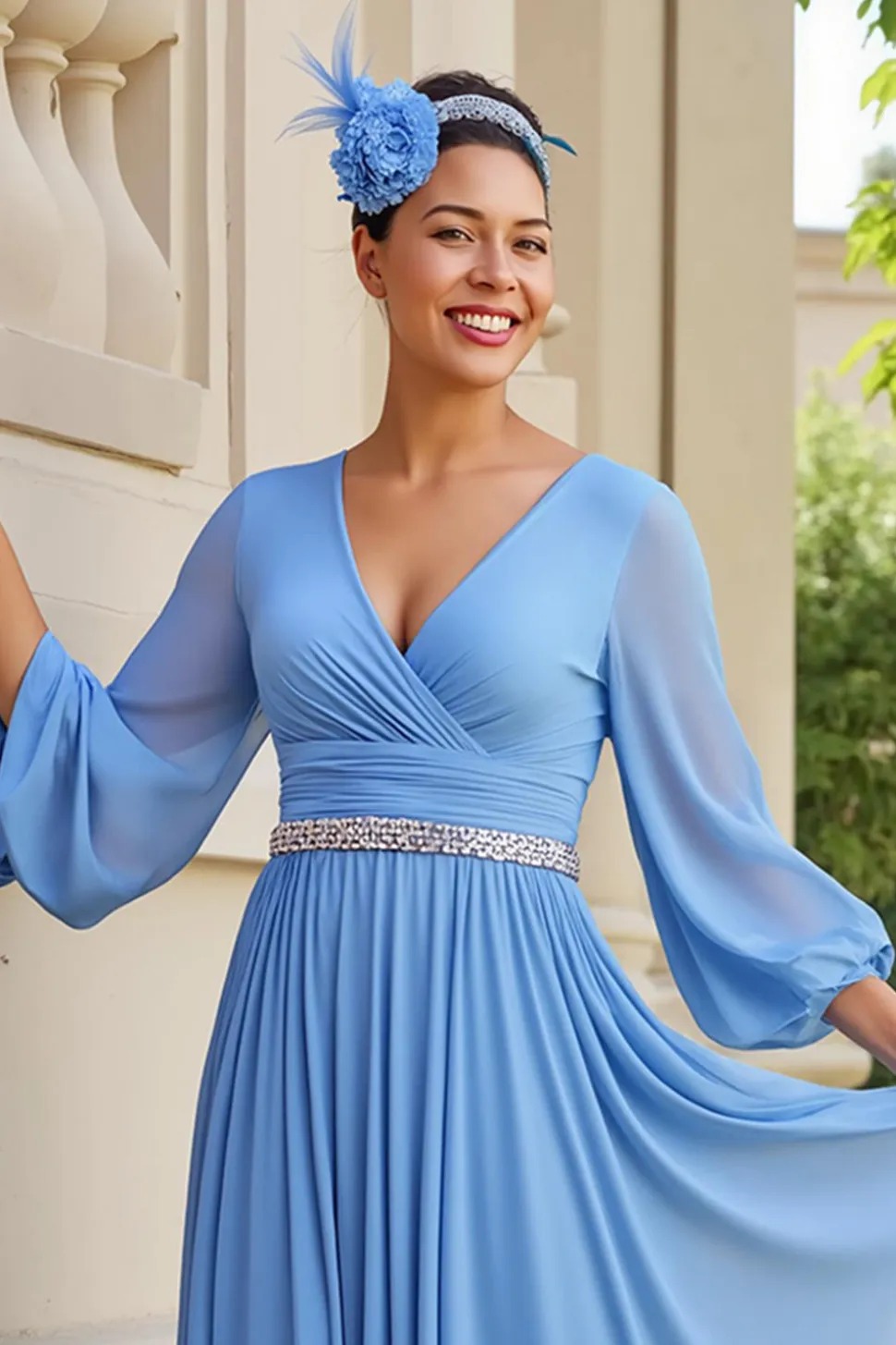 Azul Claro Uma Linha Chiffon Manga Longa Casamento Drses Convidados