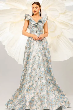 Azul claro Uma linha de estampa floral babados mangas vestido baile de formatura