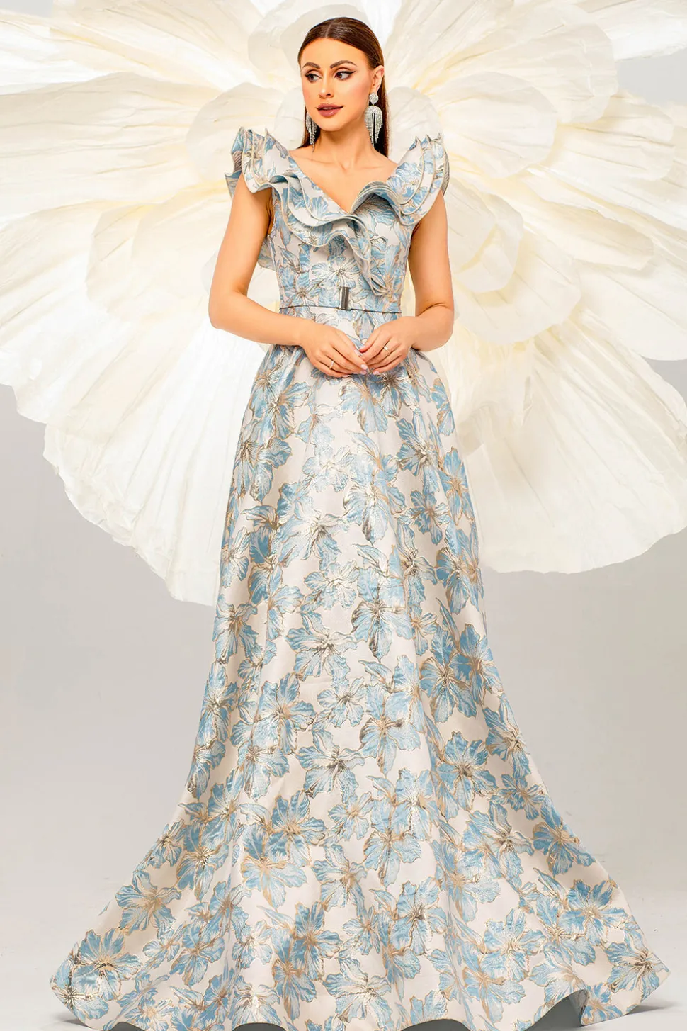 Azul claro Uma linha de estampa floral babados mangas vestido baile de formatura