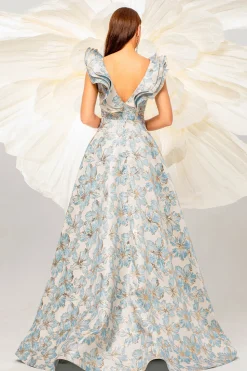 Azul claro Uma linha de estampa floral babados mangas vestido baile de formatura
