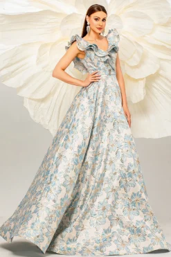 Azul claro Uma linha de estampa floral babados mangas vestido baile de formatura