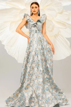Azul claro Uma linha de estampa floral babados mangas vestido baile de formatura