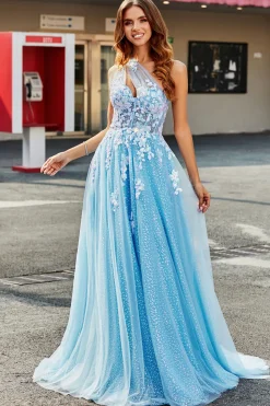 Azul claro Uma linha de um ombro longo vestido de baile de tule com apliques